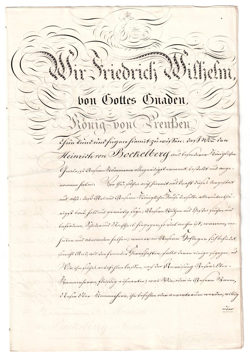 Bestallungsurkunde für den preußischen Kammerherren Heinrich von Bockelberg aus dem Jahr 1829 - Seite 1