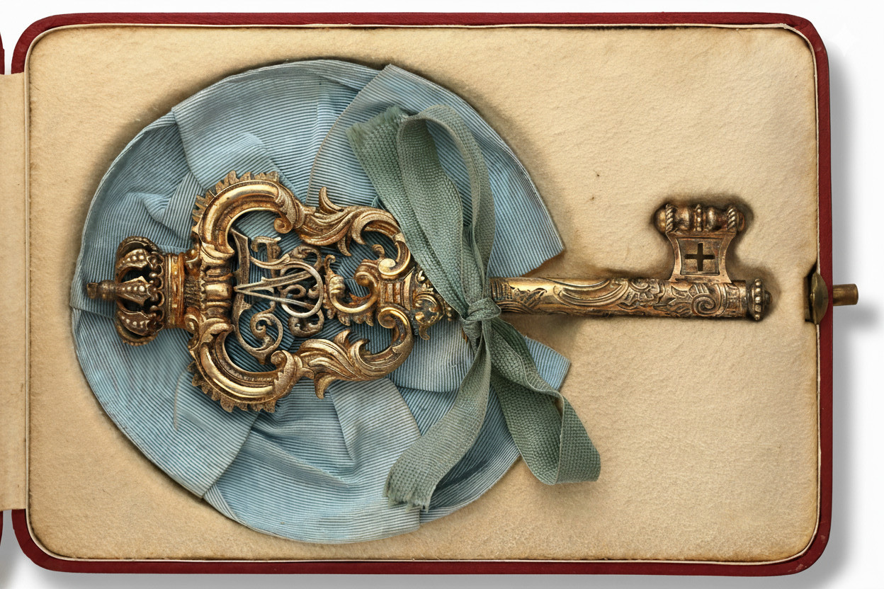 Etui zum Kammerherrenschlüssel des Hofstaates Mecklenburg-Strelitz. Die Außenseite ist mit rotem Bezug versehen, die Innenseite mit einem Atlaskissen ausgestattet, das mit altweißer Seide bespannt ist. Eine filzähnliche Einlage dient zur Aufnahme des Schlüssels.